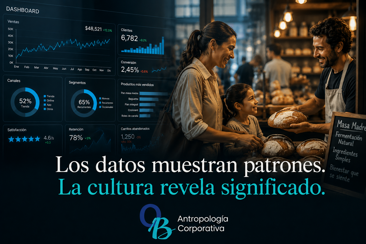 Dashboard de datos junto a una escena humana en una panadería que representa cómo la Antropología Corporativa interpreta el comportamiento humano más allá de las métricas.